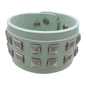 Gray Leather 2 Row Pyramid Studded Wristband Wrist Band